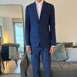 Men's Canali Kei Slim-Fit Checked Wool-Blend Seersucker Suit Size IT48 in Blue
